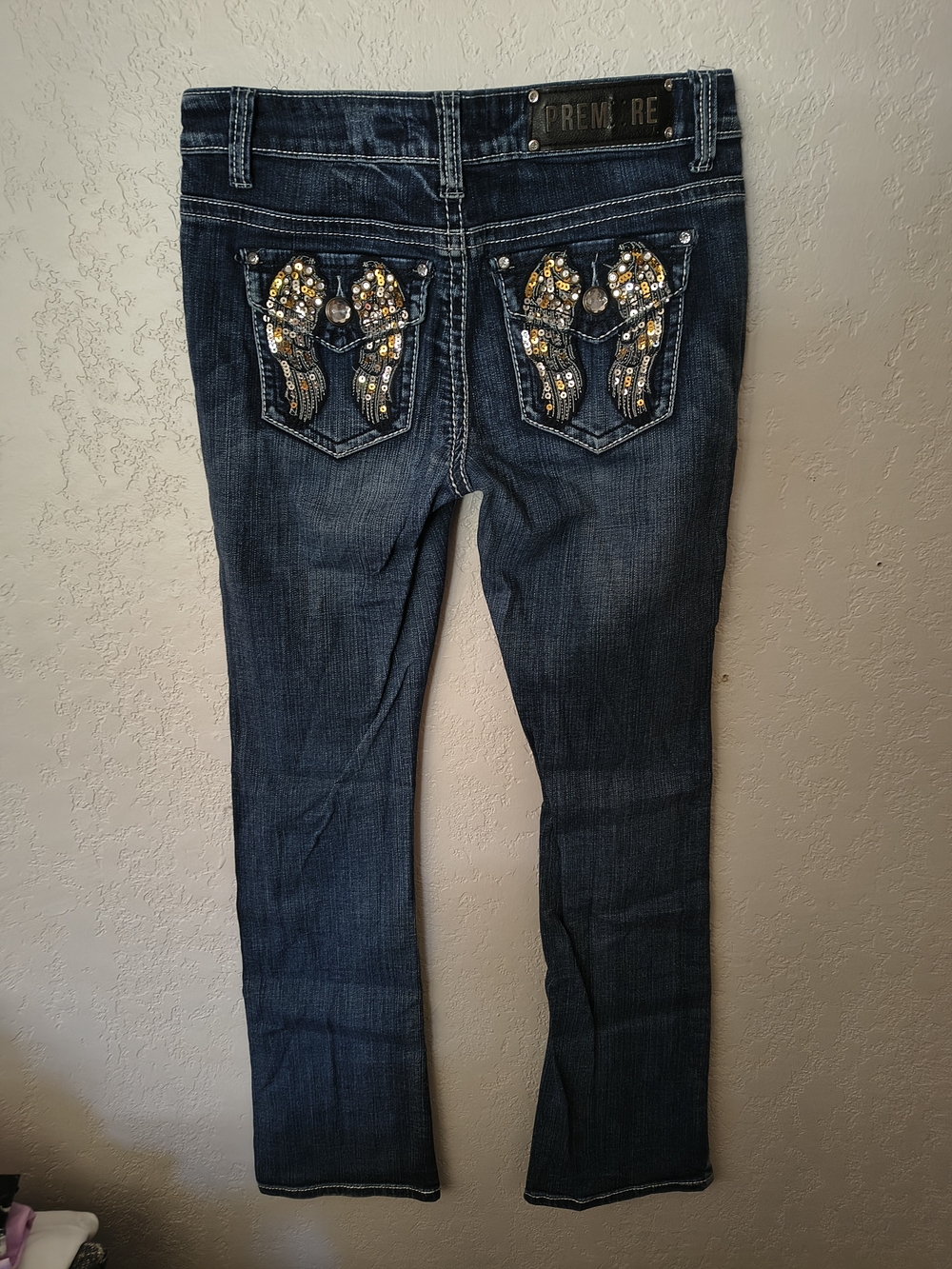 Rue21 Dark Blue Boot Cut Jeans with Gold & Silver Sequin Pockets